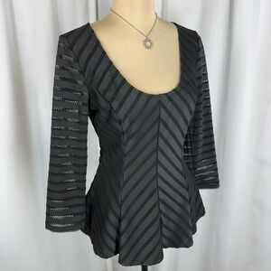 Guess Size M Black Sheer Overlay Striped Long Sleeve Peplum Top